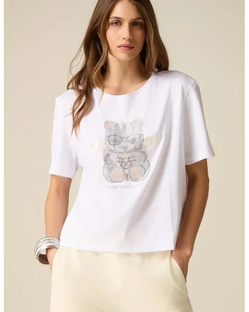 Tricou cu decolteu la baza gatului si imprimeu grafic, Alb/Alb fildes