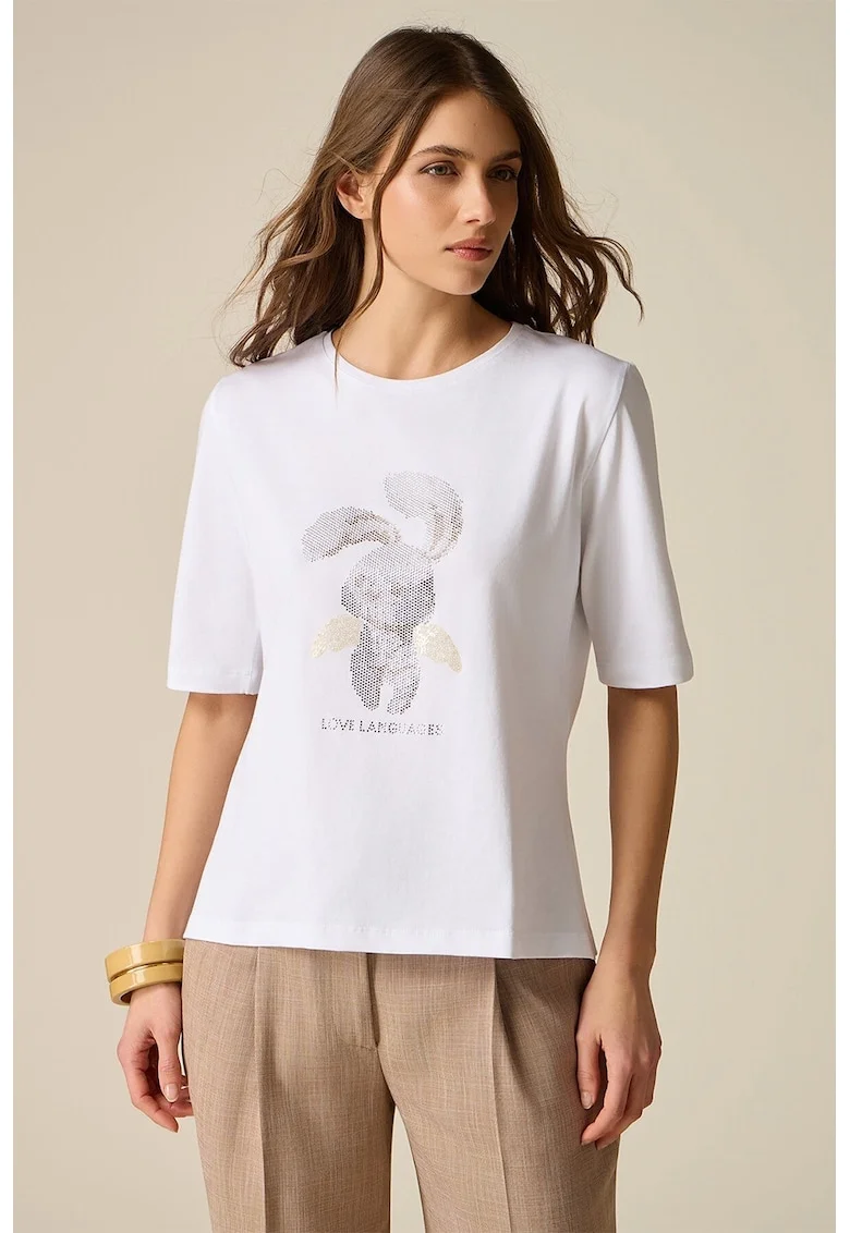 Tricou cu decolteu la baza gatului si imprimeu grafic, Alb/Gri