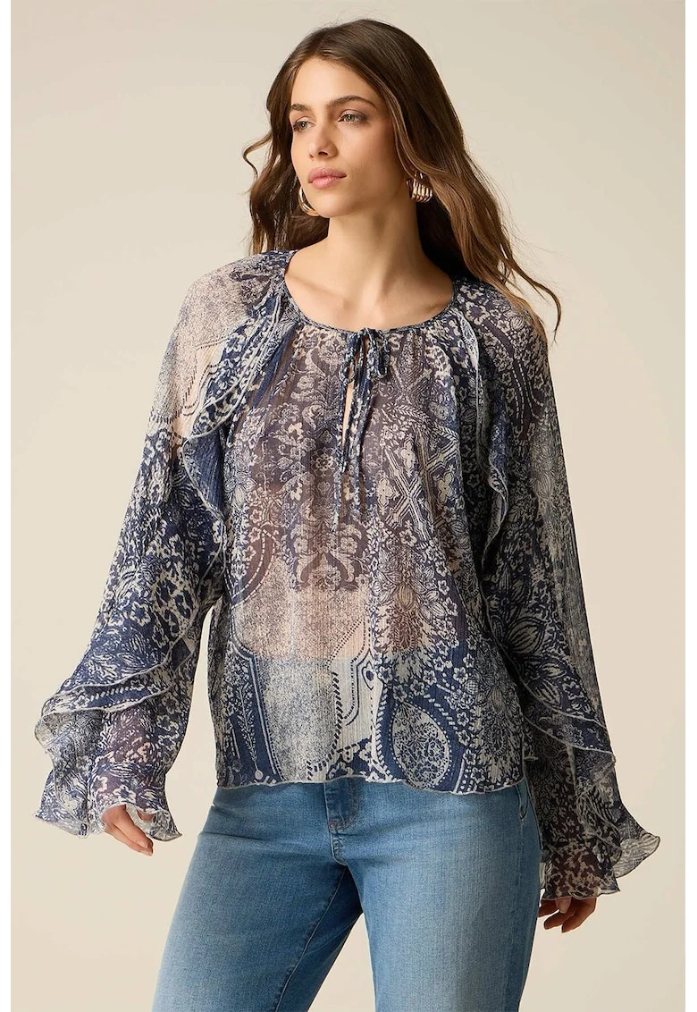 Bluza semitransparenta cu maneci cu volane, Gri/Albastru