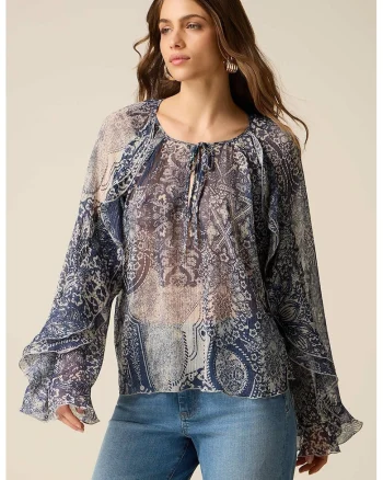 Bluza semitransparenta cu maneci cu volane, Gri/Albastru