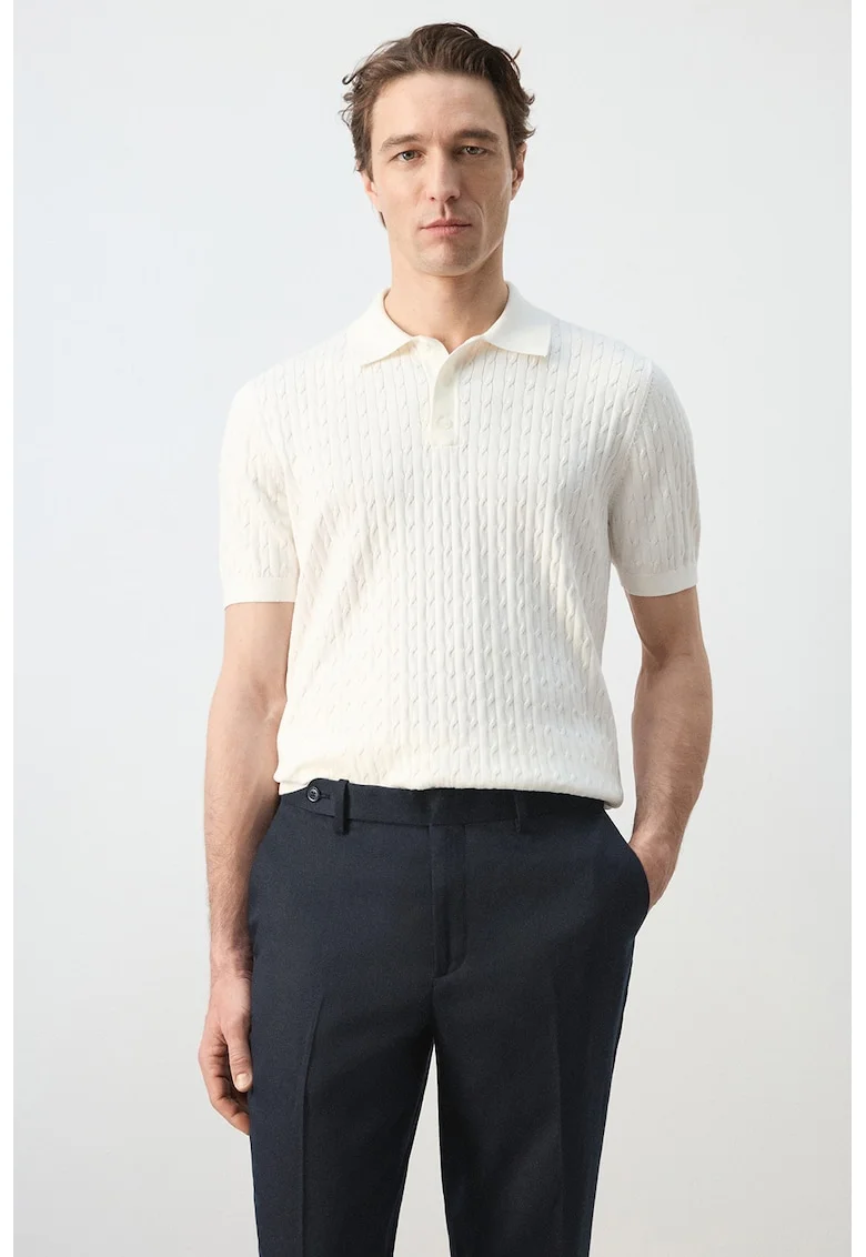Tricou polo din bumbac cu design torsade, Alb murdar