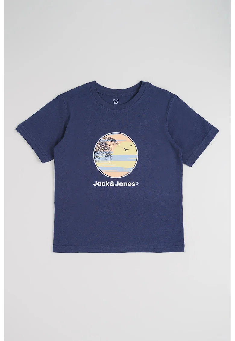 Tricou din bumbac cu decolteu la baza gatului si imprimeu, Alb/Galben pai/Bleumarin