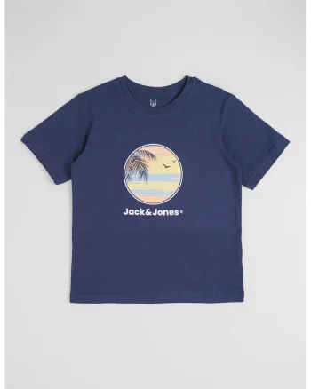 Tricou din bumbac cu decolteu la baza gatului si imprimeu, Alb/Galben pai/Bleumarin
