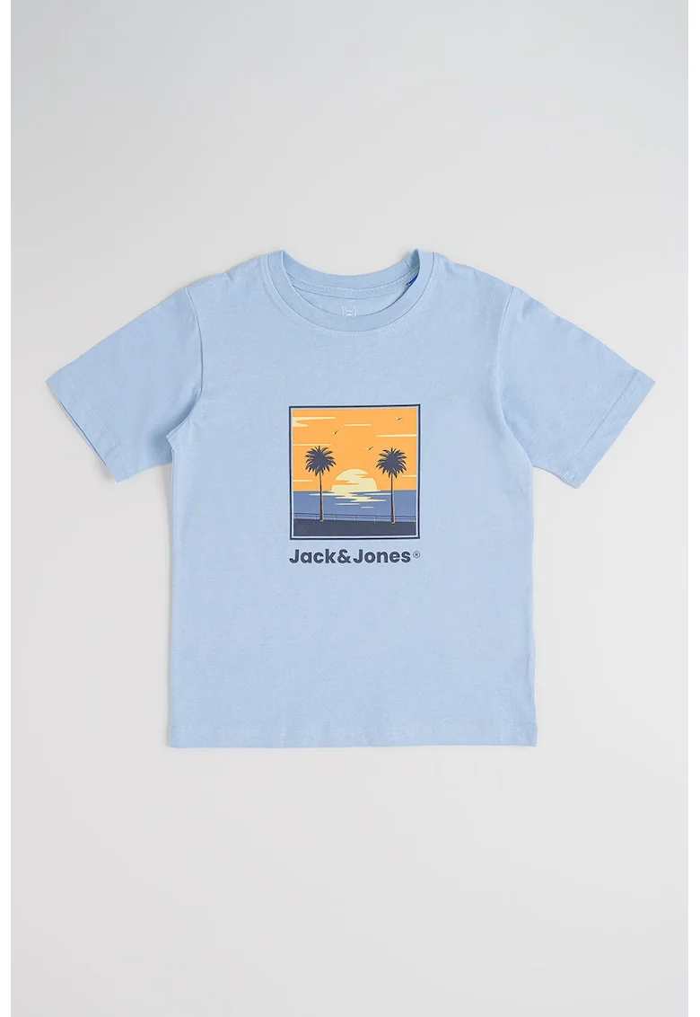 Tricou din bumbac cu decolteu la baza gatului si imprimeu, Portocaliu/Albastru ultramarin/Albastru lavanda