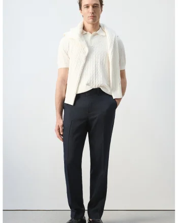 Pantaloni slim-fit din amestec de lyocell si in, Bleumarin