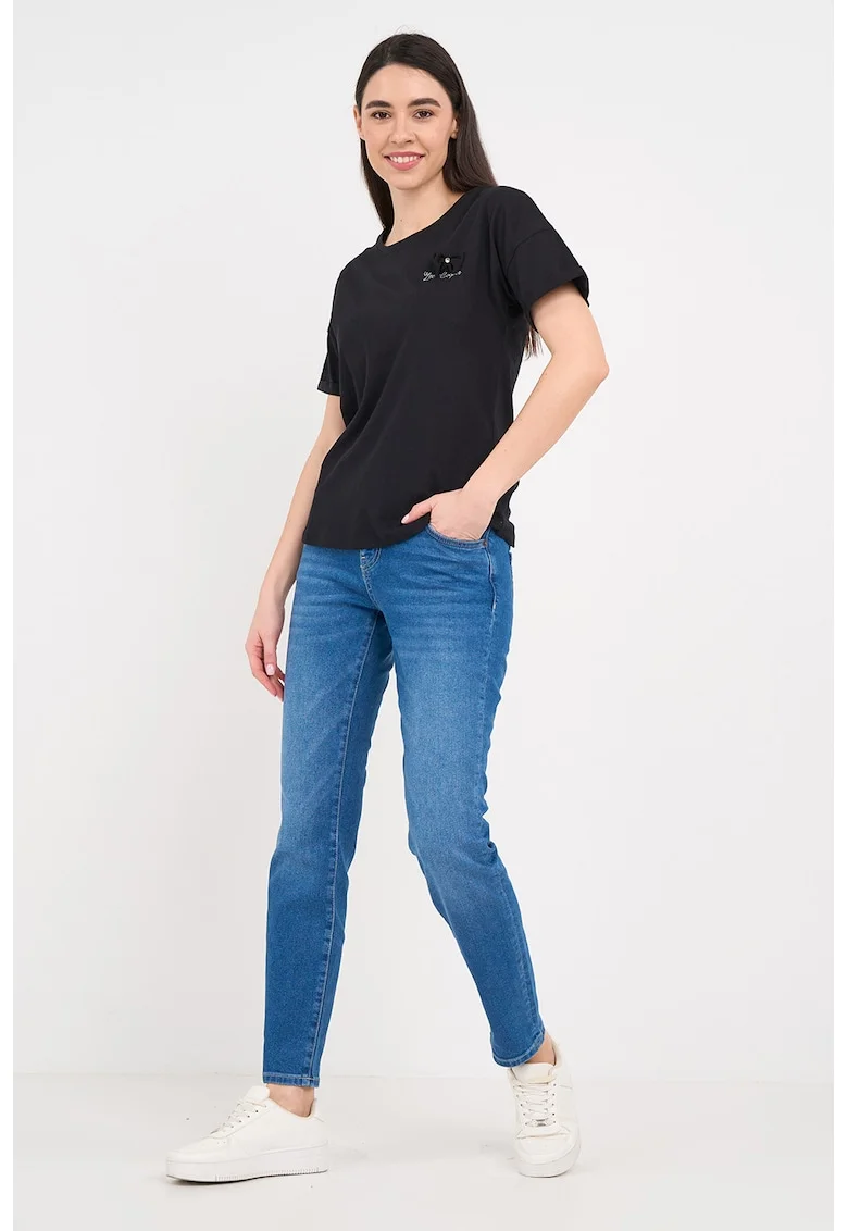 Tricou din bumbac cu decolteu rotund si aplicatie cu funda, Negru