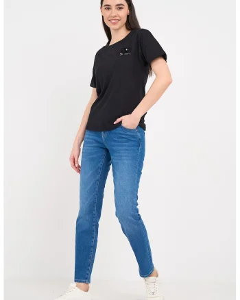 Tricou din bumbac cu decolteu rotund si aplicatie cu funda, Negru