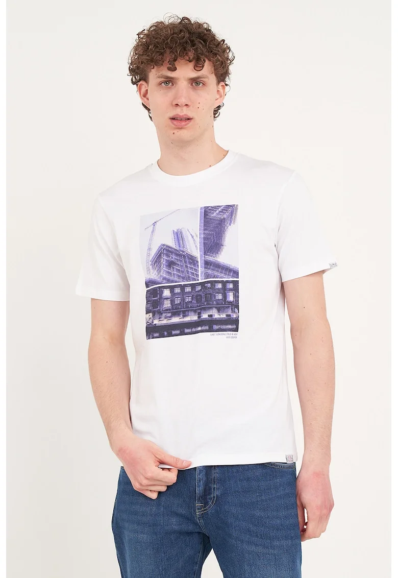 Tricou din bumbac cu decolteu la baza gatului, Alb/Albastru indigo
