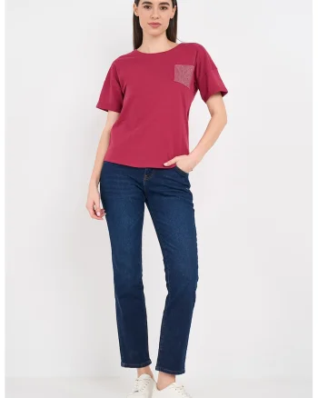 Tricou cu buzunar aplicat decorat cu strasuri, Rosu inchis/Argintiu