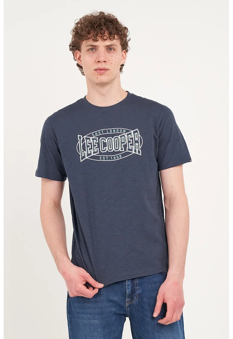Tricou din bumbac cu decolteu la baza gatului, Bleumarin