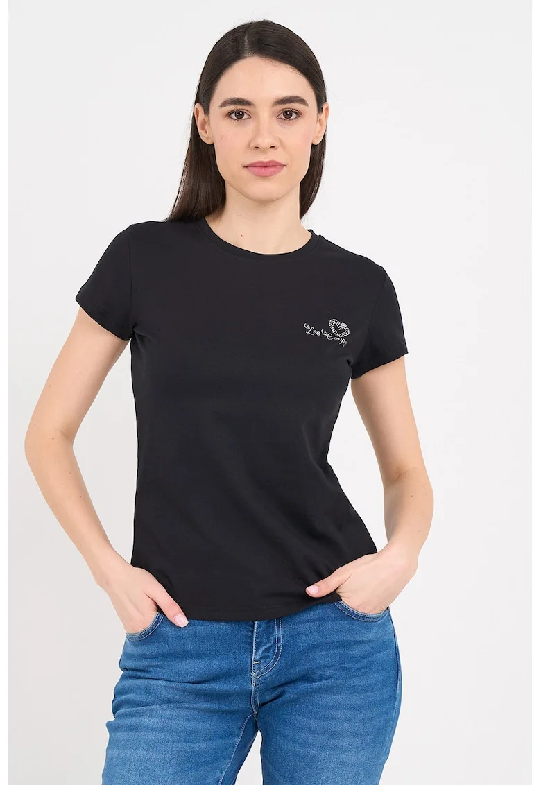 Tricou slim fit cu decolteu la baza gatului, Negru