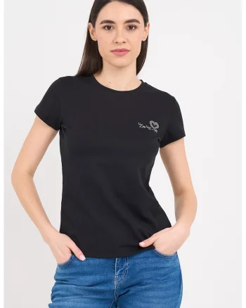 Tricou slim fit cu decolteu la baza gatului, Negru