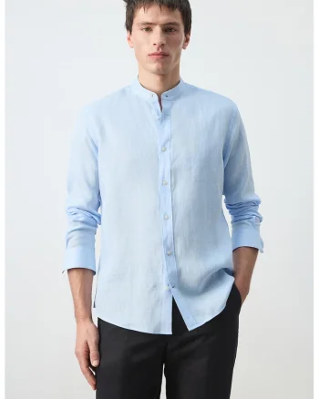 Camasa din in cu guler Mao Essentials, Albastru deschis