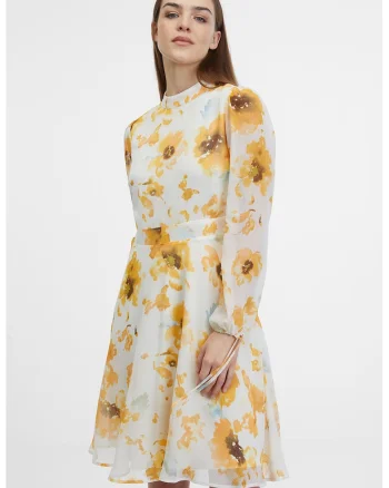 Rochie midi cu design floral, Alb/Galben