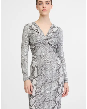 Rochie cu model si decolteu in V, Alb/Gri inchis