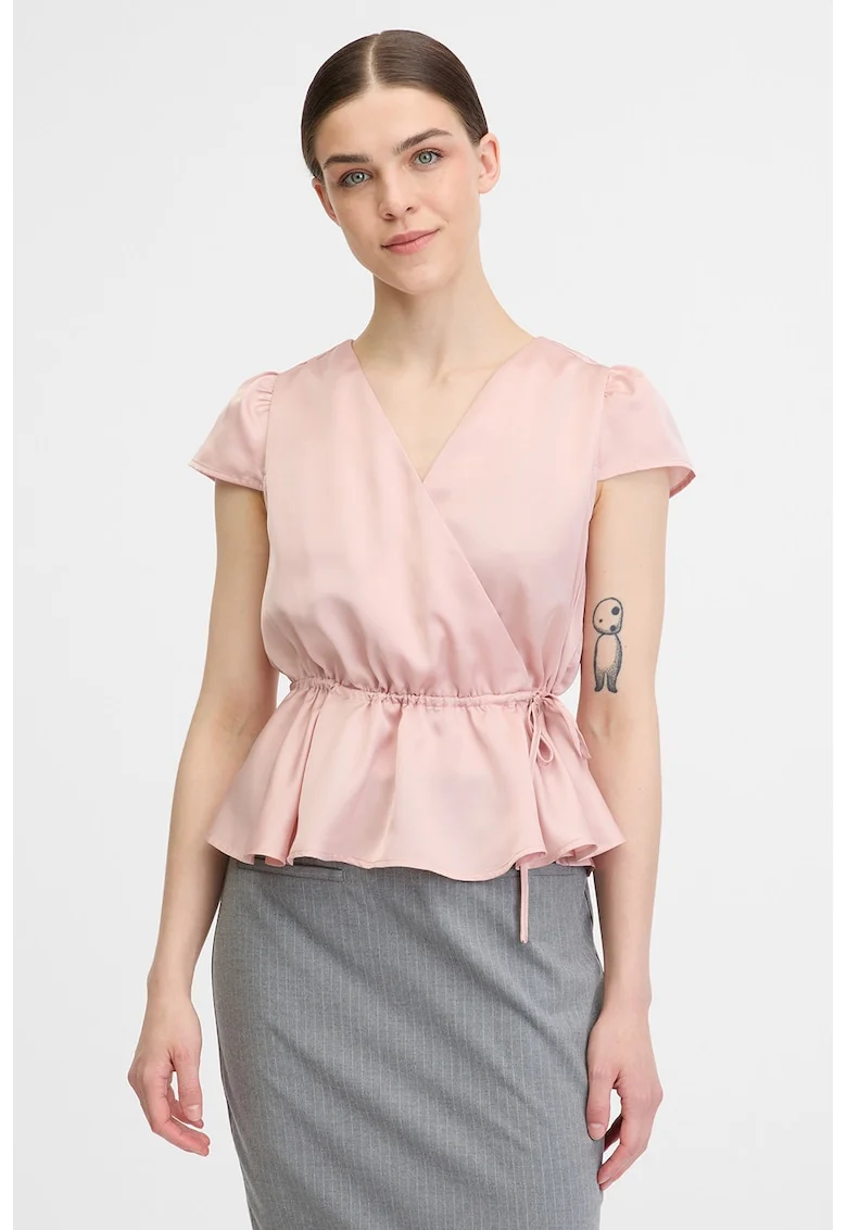 Bluza satinata petrecuta cu maneci scurte si terminatie cu volan, Roz prafuit
