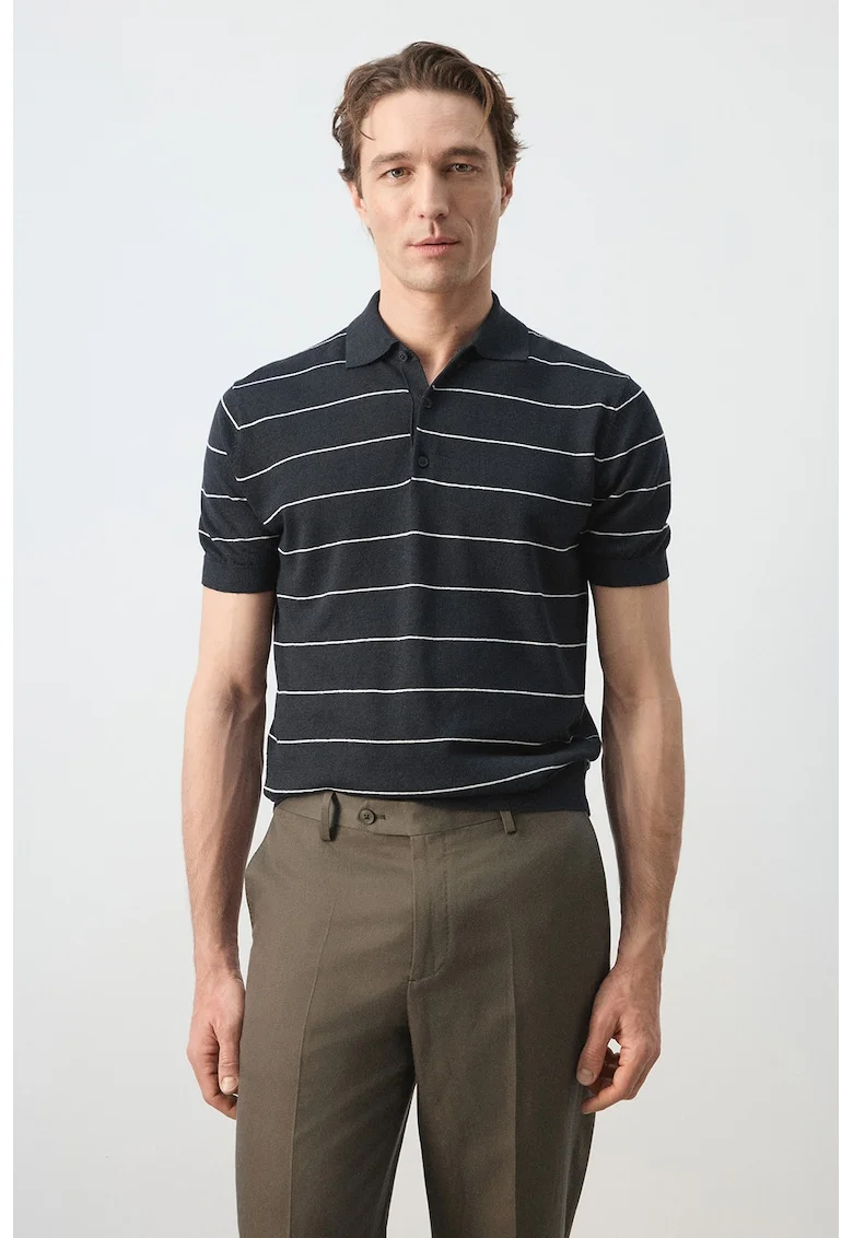 Tricou polo din in cu dungi, Alb/Albastru ultramarin