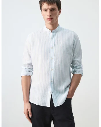Camasa din in cu guler Mao si dungi Essentials, Alb/Bleumarin