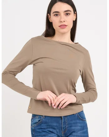 Bluza cu decolteu barcuta si model uni, Maro taupe deschis