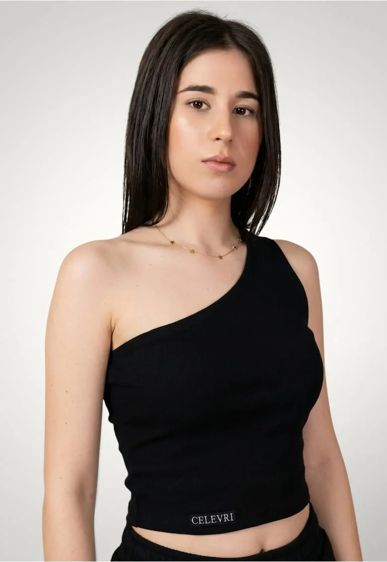 Top dama Asimetric din Bumbac premium un umar, Negru
