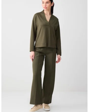 Pantaloni cu croiala ampla si talie inalta, Verde masliniu