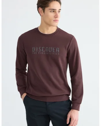 Bluza de trening cu croiala regular-fit si imprimeu text, Maro inchis