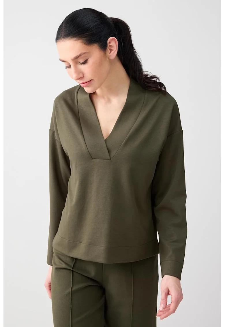 Bluza de trening din amestec de modal cu decolteu in V si maneci cazute, Verde masliniu
