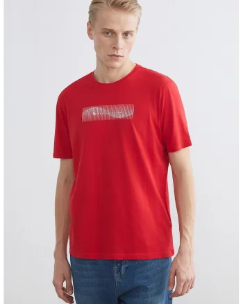 Tricou din bumbac cu decolteu la baza gatului si imprimeu grafic, Rosu vermillion