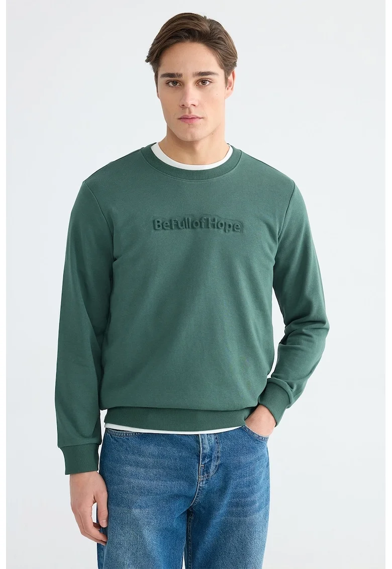 Bluza de trening din amestec de bumbac cu text in relief, Verde aquamarin
