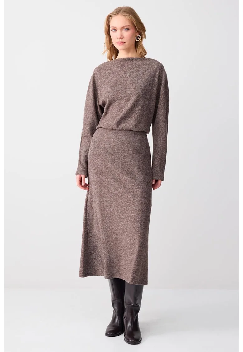 Rochie din tricot cu maneci liliac, Maro melange