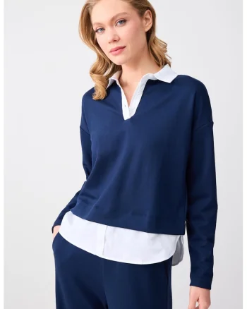 Bluza din amestec de modal cu design 2-in-1, Alb/Bleumarin