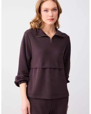 Bluza de trening din amestec de modal cu fermoar scurt, Maro cognac