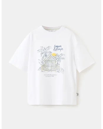 Tricou de bumbac cu imprimeu tropical, Alb