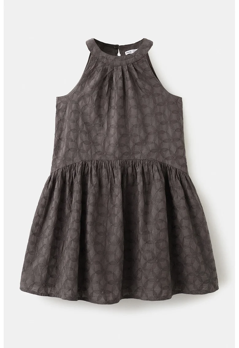 Rochie evazata cu decolteu halter si broderie, Maro taupe