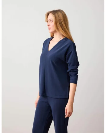 Bluza de trening din amestec de modal cu decolteu in V, Bleumarin