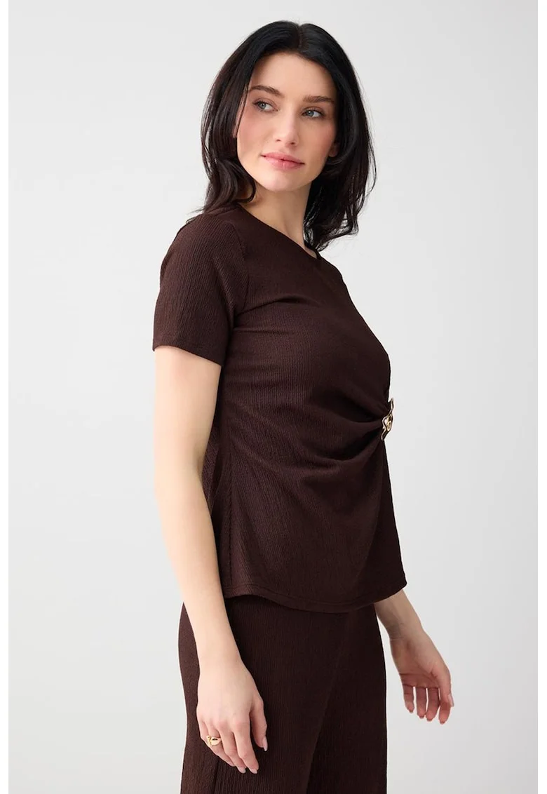 Bluza cu maneci scurte si detaliu nod pe partea din fata, Maro
