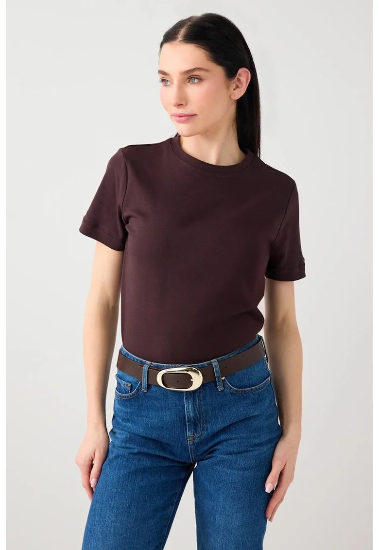 Tricou din bumbac cu decolteu la baza gatului, Maro cognac