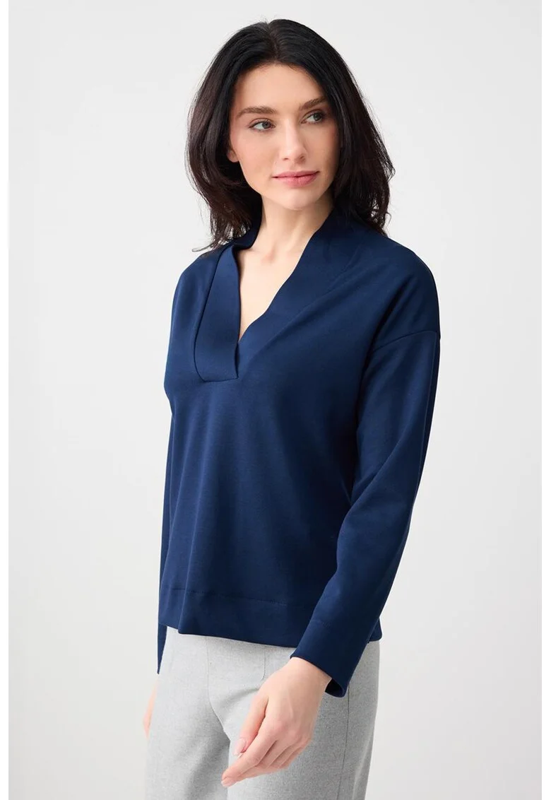 Bluza de trening din amestec de modal cu decolteu in V si maneci cazute, Bleumarin