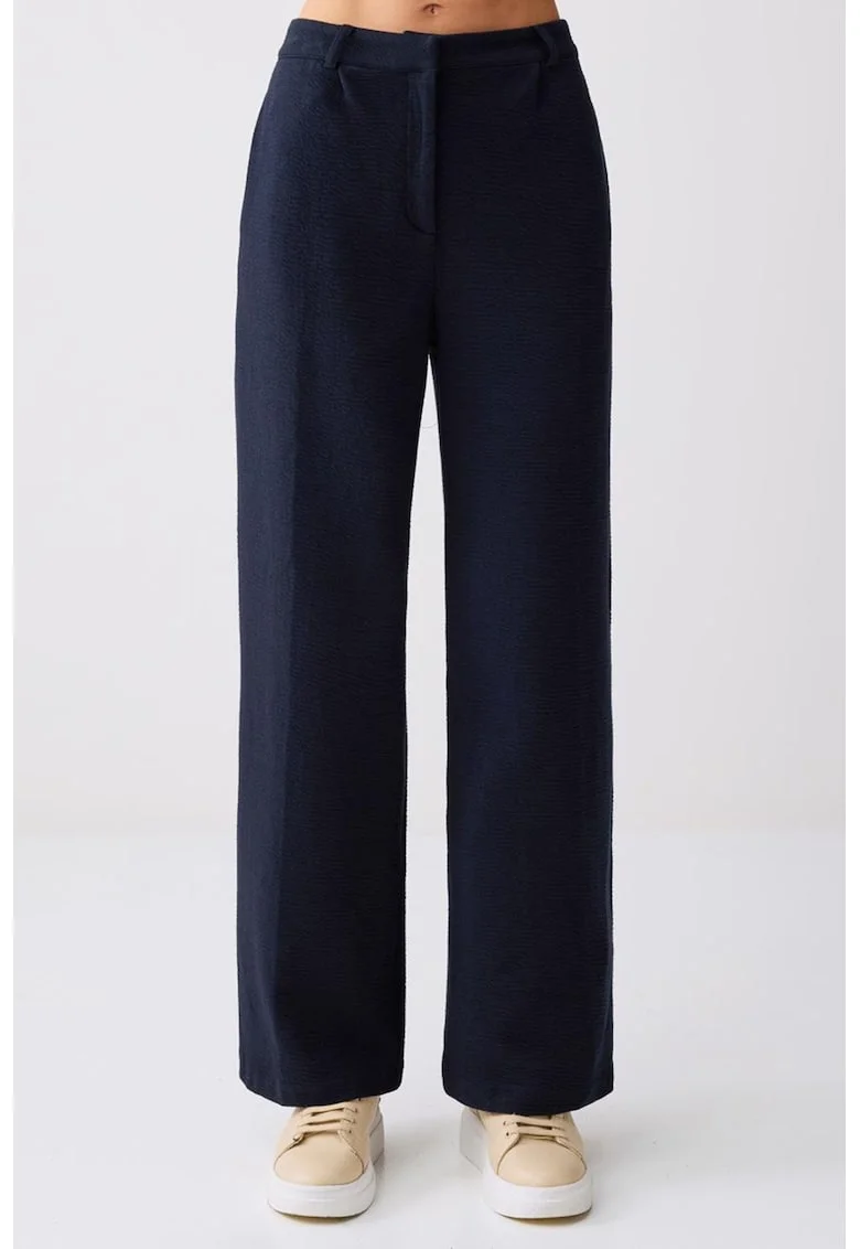 Pantaloni cu croiala ampla si talie inalta, Bleumarin