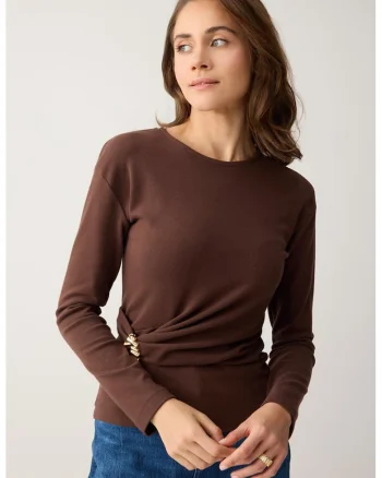 Bluza din amestec de modal cu fronseu, Maro pamantiu