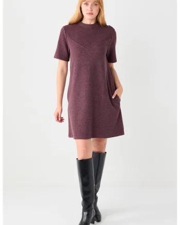 Rochie cu maneci scurte si buzunare laterale, Violet melange
