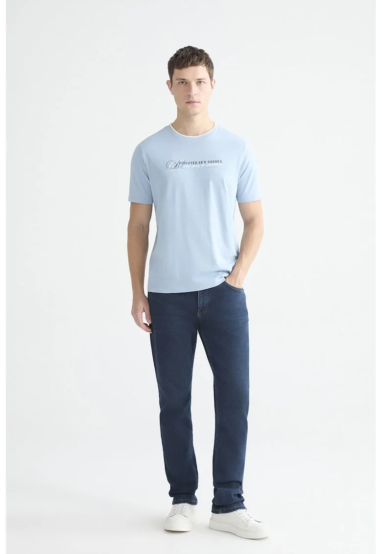 Tricou din bumbac cu decolteu la baza gatului, Alb/Albastru deschis