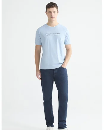 Tricou din bumbac cu decolteu la baza gatului, Alb/Albastru deschis