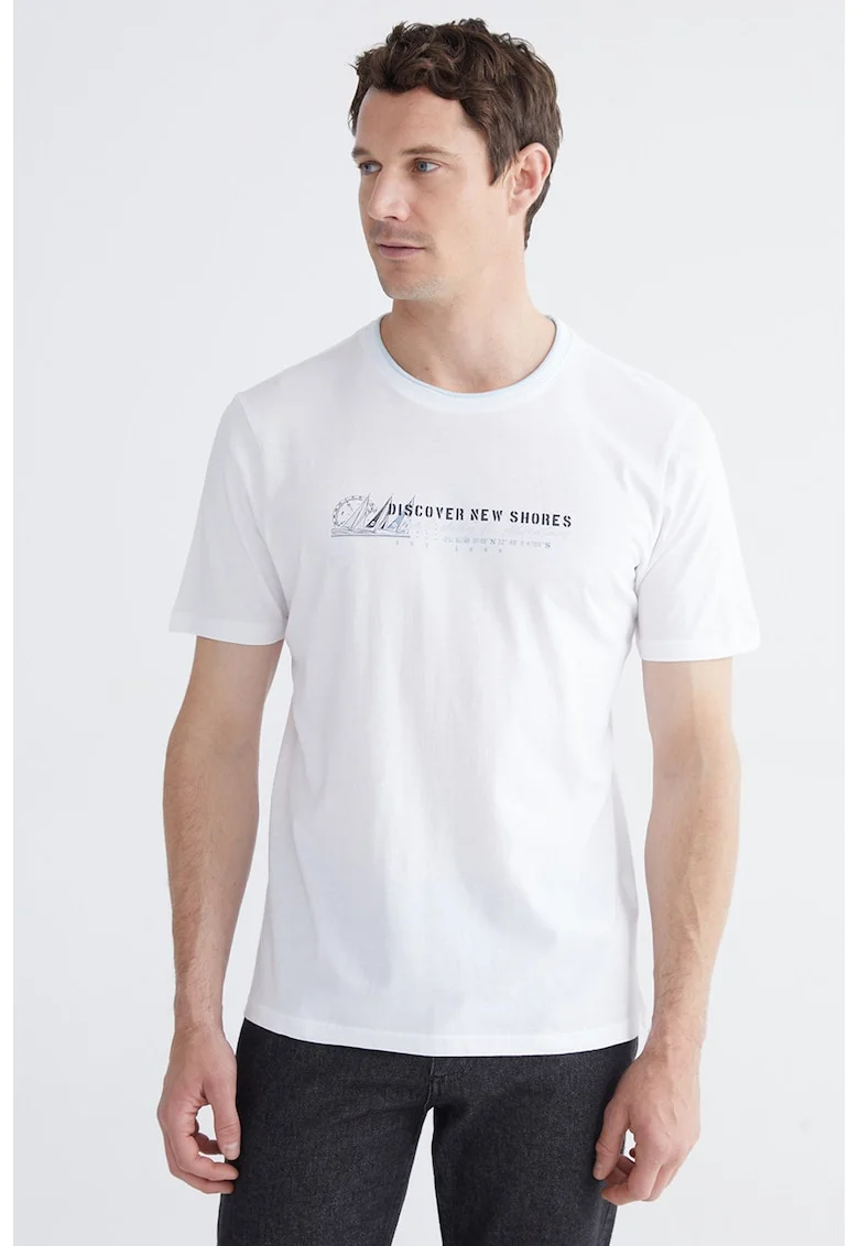 Tricou din bumbac cu decolteu la baza gatului, Alb/Albastru