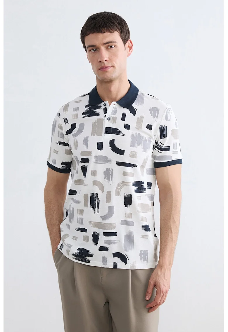 Tricou polo din bumbac cu model, Alb/Albastru ultramarin/Maro taupe deschis