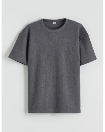 Tricou striat cu decolteu rotund, Gri inchis