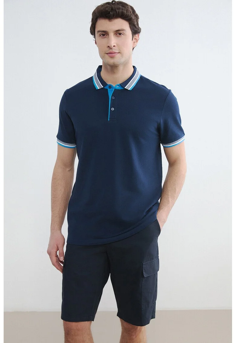 Tricou polo de bumbac, Alb murdar/Albastru deschis/Bleumarin