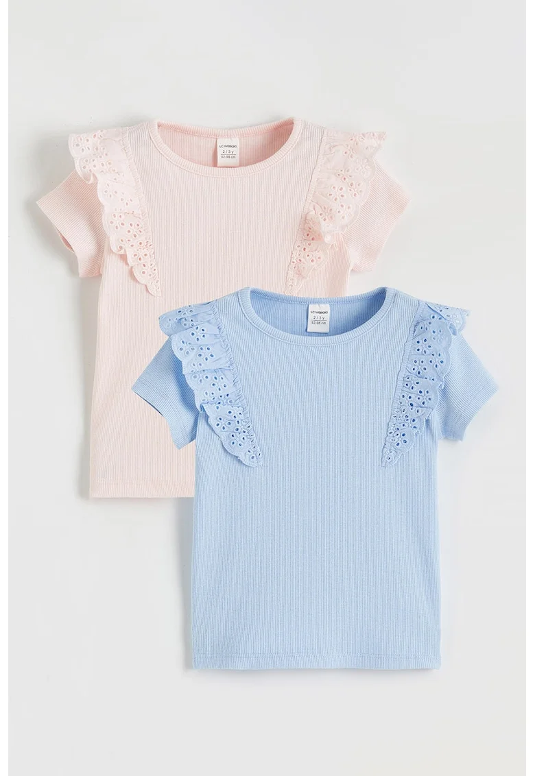 Set de bluze din amestec de bumbac cu garnituri de dantela - 2 piese, Albastru lavanda/Roz pal