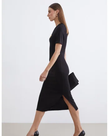 Rochie midi cu croiala cambrata si slit lateral, Rosu