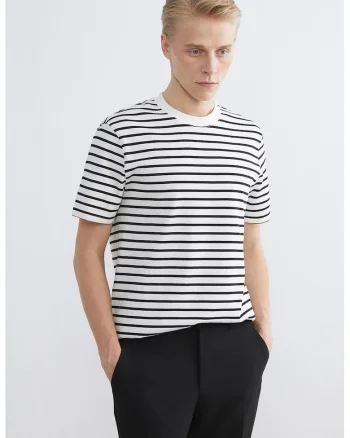 Tricou cu decolteu la baza gatului si dungi, Alb/Negru